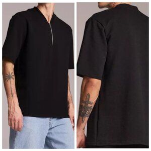 Men's Viscose Jumper With Short Sleeves, Black, 1/3 Zipper, Collarless, XL